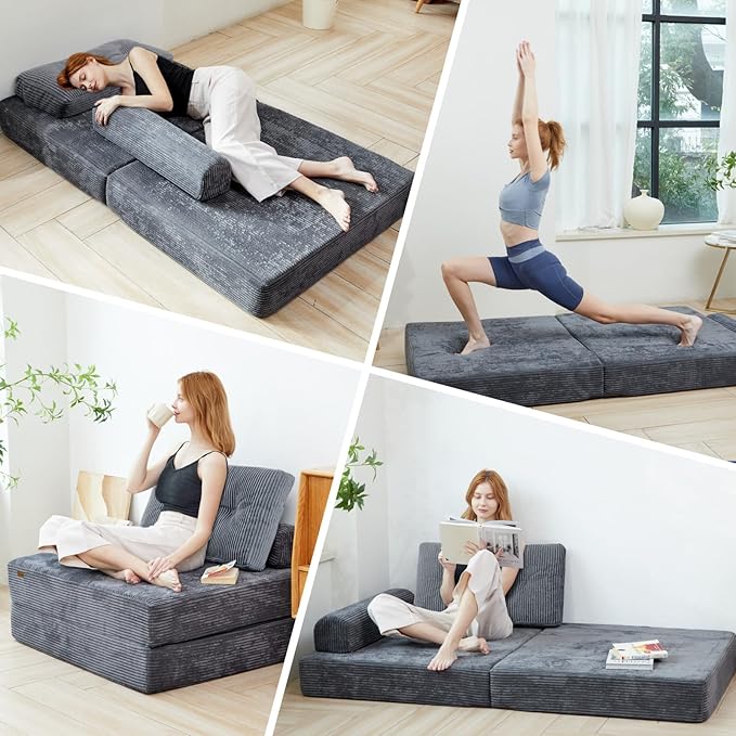 Floor Sofa Bed,Convertible Sleeper Chair with High-Density Support Foam,Portable 3 in 1 Fold Out Chair to Floor Lounger,Perfect for Living Room、 Bedroom 、 Apartment,Twin Size,Dark Gray