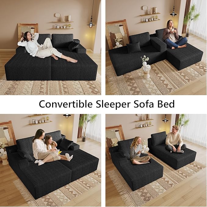 Oversized 80" Double Chaise Lounge Chair Futon Sofa Bed Boneless Cloud Couch Sleeper Sofa, Flannel Upholstered Floor Sofa Modular Sectional Loveseat with 2 Throw Pillow & Backrest Pillow, Black