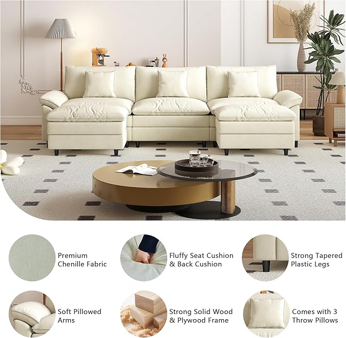Aoowow Modular Sectional Sofa Modern Convertible U Shaped Couch,118.9 Inch Deep 3-Seater Sofas Set Comfy Chenille Cloud Sofas and Couches with Movable Ottoman for Living Room Apartment(Beige)