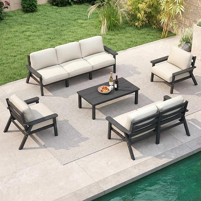 Patio Kingdom 7 Piece Patio Furniture Set, HDPE Outdoor Sectional with Beige Washable Thick Cushions, Coffee Table & Side Table, Patio Conversation Sets for Lawn, Garden, Porch, Balcony (Grey Frame)