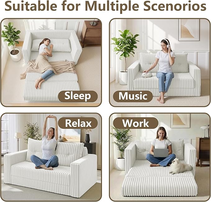 HABUTWAY Folding Sofa Bed, 2 in 1 Convertible Sleeper Chair with Pillow, Portable Fold Out Chair Bed with Armrest, Comfy Floor Couch, Lazy Sofa for Living Room Bedroom Dorm Home Office, Beige