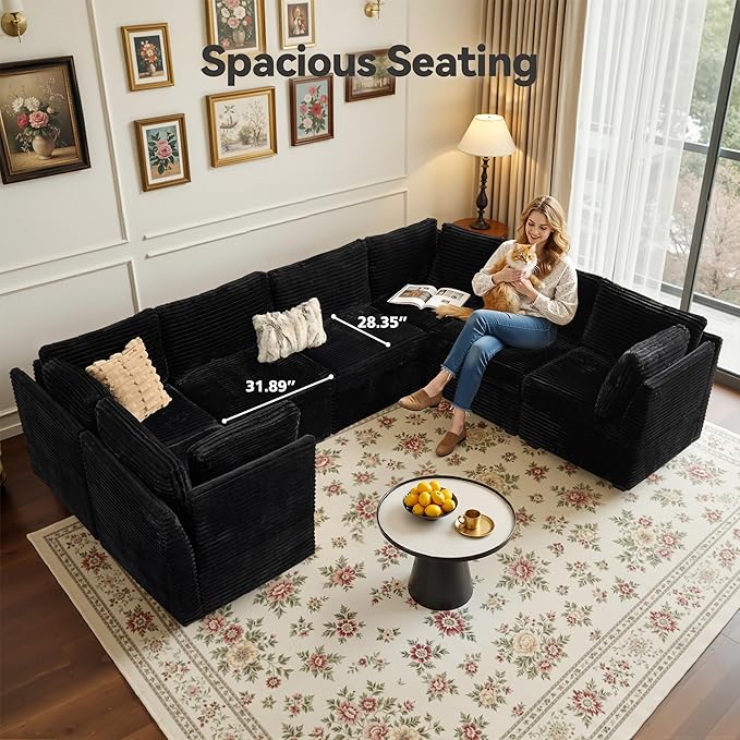 CAODOC Large 7 Seat Modular Sectional Sofa with Ottoman Seat Corduroy Sleeper Sectional Sofa Bed Oversized Convertible Modular Couch for Living Room