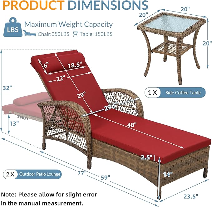 WINGTU 3 Piece Patio Chaise Lounge Set, Outdoor Patio Furniture Modern Lounge Chairs Set of 2 with Side Table & 6-Position Adjustable Backrest, Durable PE Wicker, Weather Resistant Cushions, Red