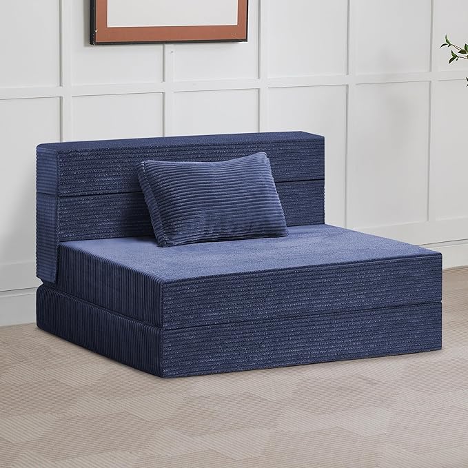 Folding Sofa Bed Convertible Floor Couch Foldable Chair Bed with Pillow，Linen Sleeper Chair Futon,Foldable Memory Foam Mattress for Bedroom/Living Room/Dorm/Office (Corduroy Navy, Standard)