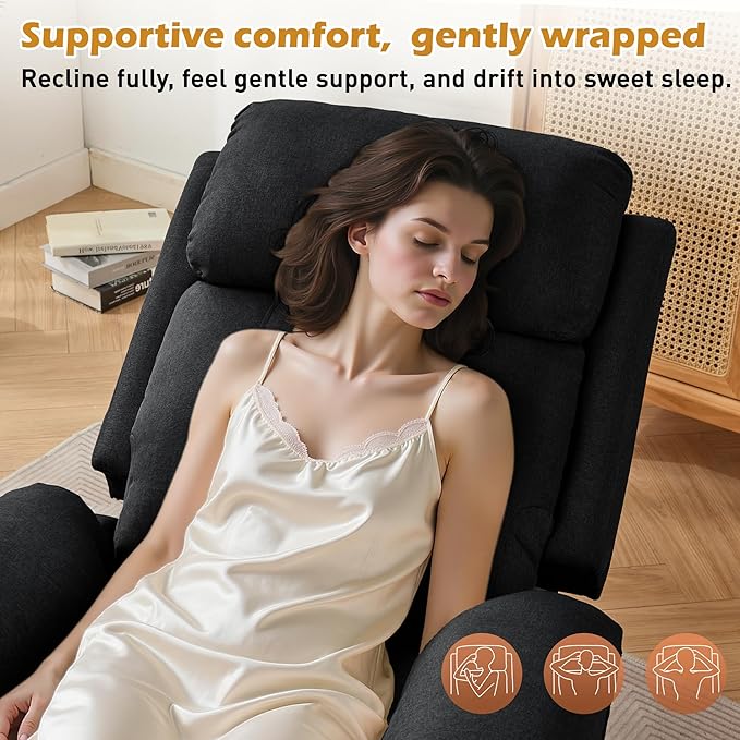 Recliner Chair, Living Room Chairs for Adults, Padded Deep Seat Reading Chair with Side Pockets, Small Recliners for Small Spaces, Lounge Chair for Living Room, Bedroom, and RV (Linen)