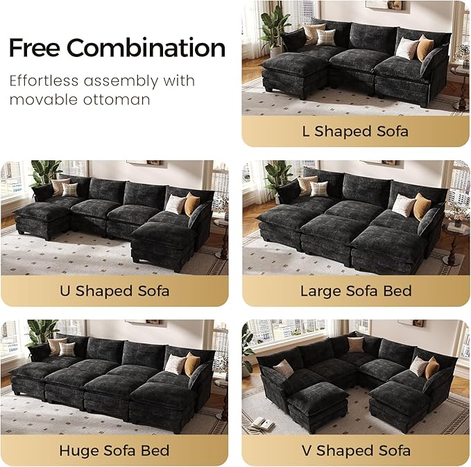 KKL 120" Modular Sectional Sofa, U-Shaped 6 Seater Convertible L-Shaped Cloud Couch with Ottoman, Chenille Modern Sectional Couches for Living Room, Apartment, Black