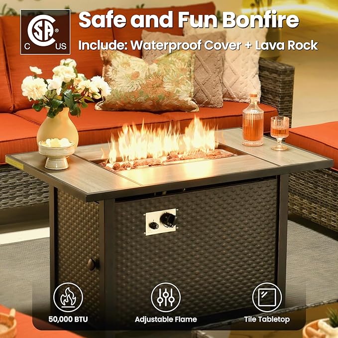 ovios 7 Pieces Patio Furniture Set, Outdoor Wicker Sofa Couch with Rocking Swivel Chairs Fire Pit Table, Modern Deep Seat Rattan Conversation Sets for Deck Porch, Grey