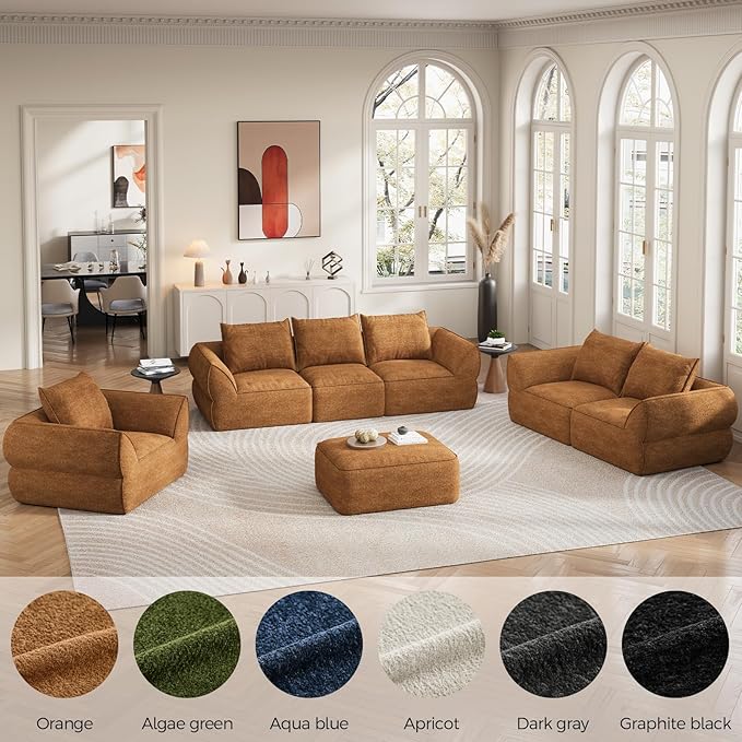132" Modular Sectional Sofa with Deep Seat, U-Shaped Cloud Couch for Living Room, 4-Seater Boneless Sofa with 2 Ottomans, Flexible Combination Modern Upholstery Sofa, No Assembly Required, Orange