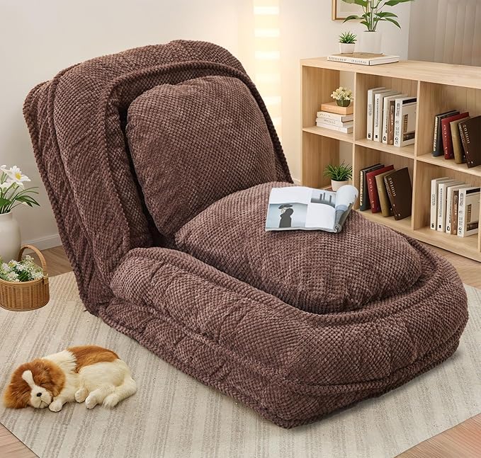 Upholstered Human Dog Bed for Adult & Pets, Convertible Lazy Sofa Bed with 5 Adjustable Position, Comfy Tatami Bean Bag Lounge Chair with 2 Soft Pillows for Bedroom Living Room Office (Brown)