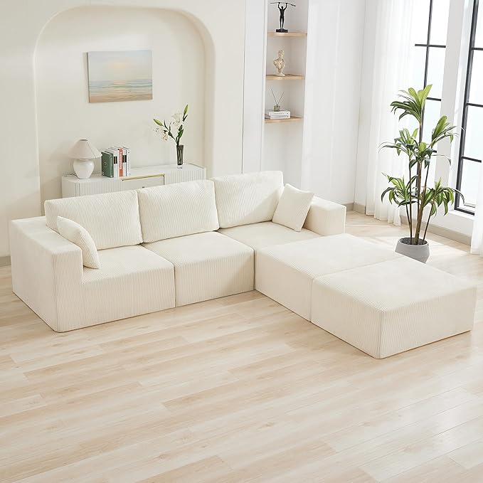 115'' U Shaped Boneless Sofa Couch, 3 Seater Modular Sectional Sofa with 2 Moveable Ottoman, Corduroy Convertible Sleeper Couch with Chaise for Living Room, Beige