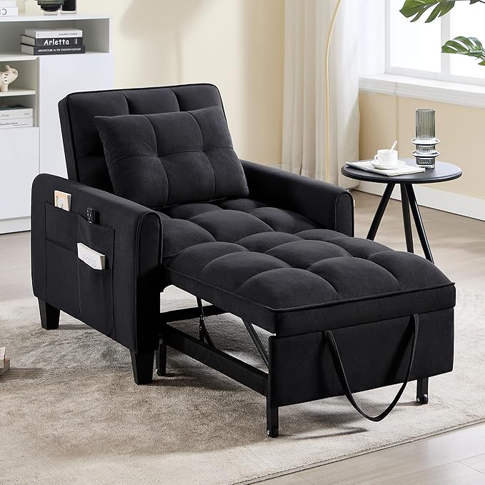 Choairy Modern Black Velvet 3 in 1 Sleeper Chair Bed Pull Out Sofa Bed Chair, Adjustable Backrest, 3 Reclining Positions, Adult Size, Indoor Use