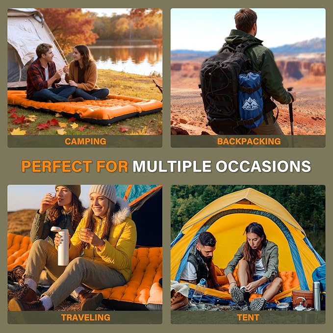 FUN PAC Camping Sleeping Pad, Ultralight Camping Pad with Pillow Built-in Foot Pump Inflatable Sleeping Pads Compact for Camping Backpacking Hiking Traveling - Orange