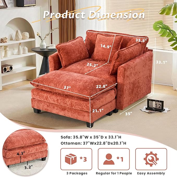 SoarFlash Chenille Sectional Sofa, Comfy Modular Single Sofa with Ottoman, Modern Recliner Deep Seat Sofa Set for Living Room,Orange