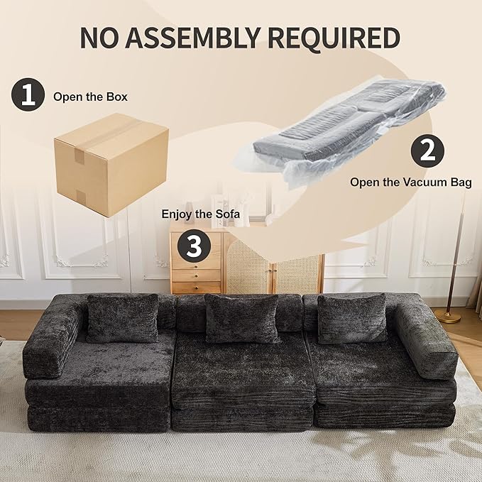 6-in-1 Folding Convertible Sofa Bed, 118 Inch Boneless Couch with Fixed-Shape Frame, Chenille Sleeper Sofa with Pull Out Bed, Floor Sofa Modular Futon Couches for Living Room Bedroom Lounge (Black)