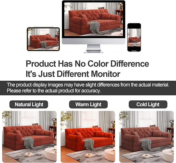 Carzzi-Life 79" Convertible Sofa Bed with Pillows, Corduroy Folding Sleeper Sofa with Fixed-Shape Frame, Boneless Couch for Living Room Bedroom, Floor Sofa Lounge No Assembly Required (Orange)