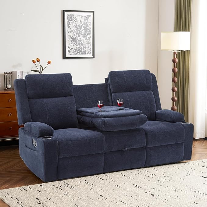 PALLOME Chenille Reclining Sofa 3-Seater with Convertible Table, Storage Ottoman & Cup Holders | Modern Space-Saving Couch, Ergonomic Living Room Furniture (Blue)