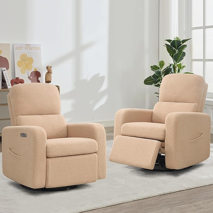 AEMEIOS Power Swivel Rocker Recliner, Oversized Boucle Electric Recliner Chair, Swivel Glider Nursery Reclienr with Removable Cushion, Upholstered Recling Chair for Living Room Bedroom, Teddy Camel