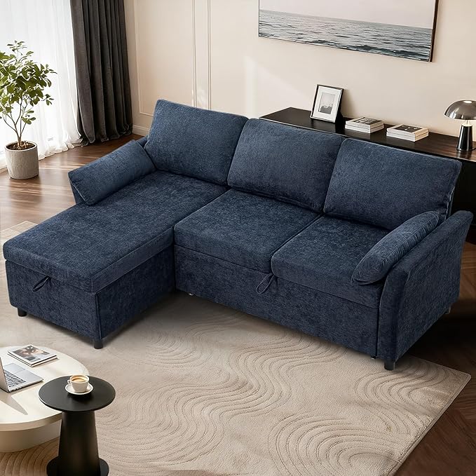 ACMEASE 83 Inches Fabric Sectional Sofa with Pull Out Sofa Bed, Modern L Shaped Sofa with Throw Pillows, Comfortable Sleeper Couch with Storage Chaise for Living Room, Blue