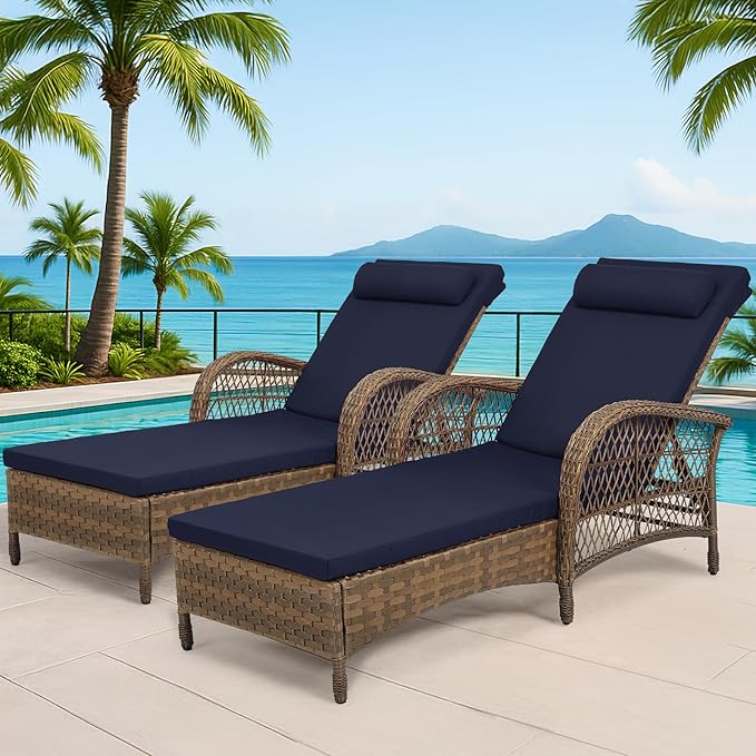 WINGTU Outdoor Chaise Lounge Chair Set of 2, PE Wicker Recliner Patio Reclining Sunbathing Chair with Cushion, 6-Position Patio Lounge Chair with Adjustable High Backrest, Armrest & Pillow, Navy Blue