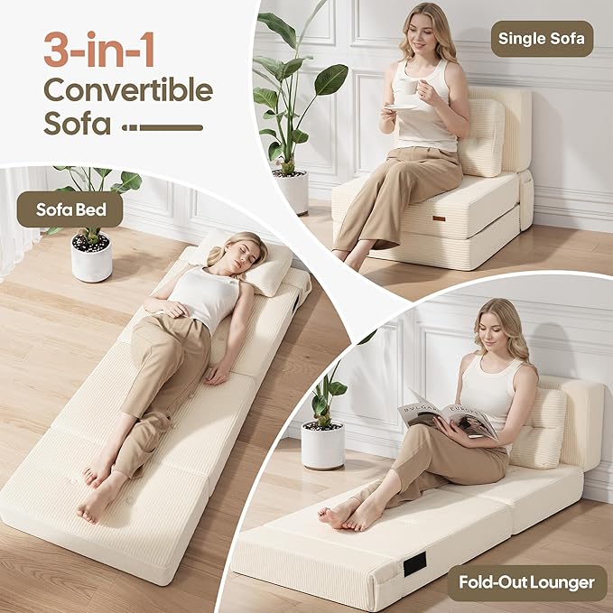 COMAX Folding Sofa Bed, Foldable Couch for Bedroom, Convertible Floor Sleeper Futon Chair Foam, Corduroy 3 in 1 Fold Out Chair Portable Comfy Lounge Couch Sofa Bed for Small Space, Single, Beige
