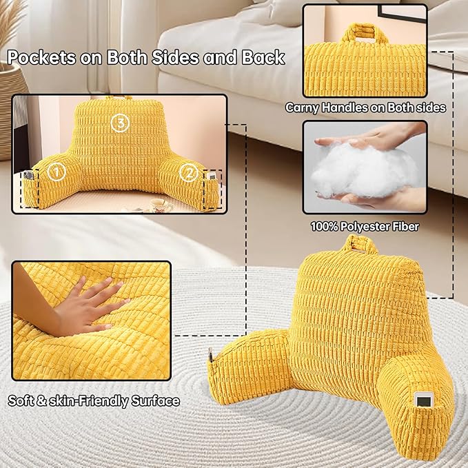 PAJEO Reading Pillow for Sitting in Bed, Large Backrest Reading Pillow with Arm Rest,Back-Rest Support Cushion for Sit Up on Couch, Sofa, and Floor, Dorm Essentials (Yellow Corduroy, Standard(17"))