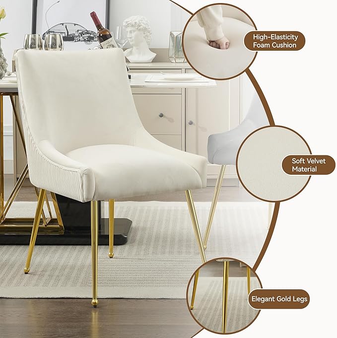 WUTUTUEE Velvet Dining Chairs Set of 6 Gold Legs,Upholstered Velvet Accent Chairs, Pleated Back Design & Gold Pull Handle, Mid Century Modern Chairs for Dining/Kitchen/Living Room,Beige