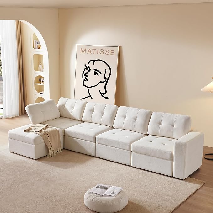 ORRD Corner Modular Sectional Couch, Convertible L Shaped Sofa with Storage, 5 Seater Sofa Modular with Ottomans and Reversible Chaise for Living Room, Office (Beige White)