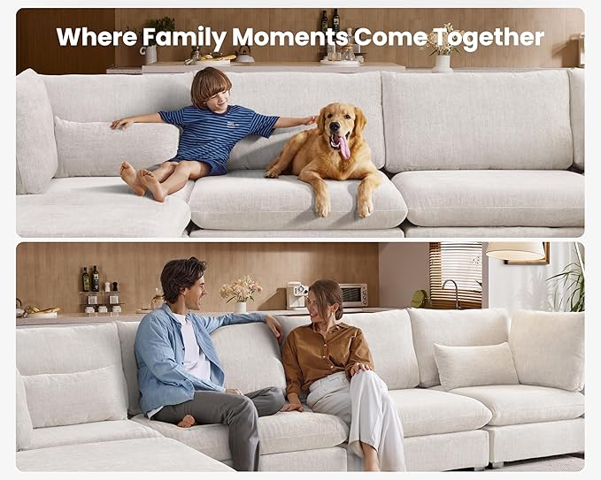 Oversized Modular Sofa, Extra Deep Cloud Chenille Sectional Couch with Ottoman Chaise, Fluffy Chenille 4 Seater Sofa for Living Room, Villa (Basic 4 Seater, Chenille White)