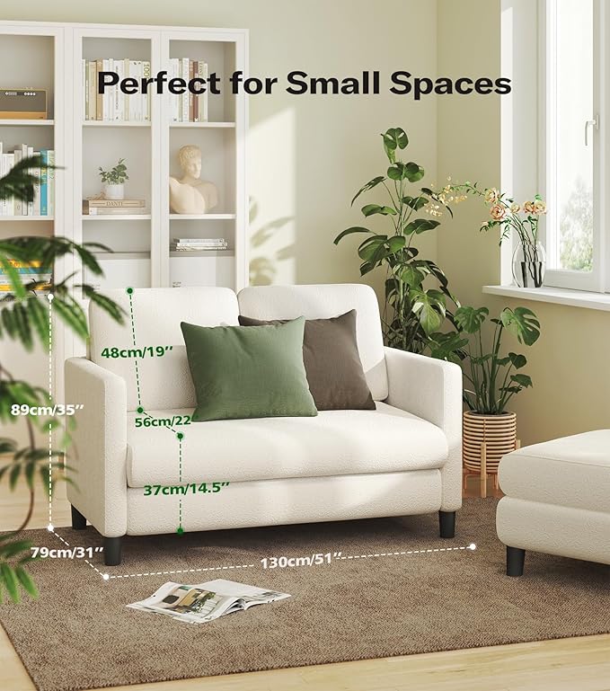 Loveseat Sofa, 51" Love Seat, Comfy Teddy Small Loveseat for Small Spaces, Tool-Free Setup Sofa Couch for Bedroom, All-Wood Couches for Living Room, No Pillow Included, Cream White