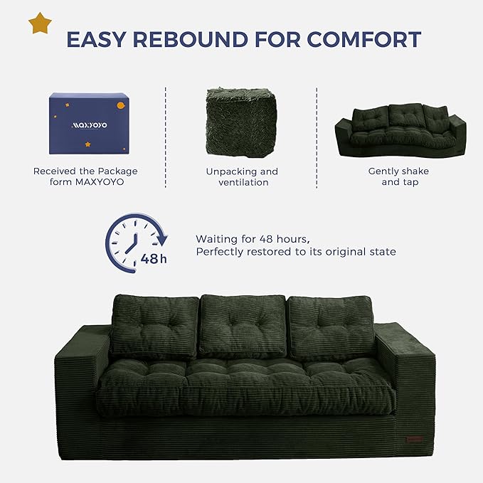 MAXYOYO 3-Seater Boneless Sofa Couch, Tufted Corded Sofa Lounge for Living Room, Comfy Bean Bag Chair High-Density Foam Couch with Pillows, No Assembly Required