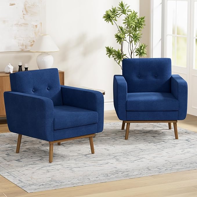 HUIMO Fabric Accent Chairs Set of 2, Button Tufted Living Room Chairs Easy to Install, Mid Century Modern Chair, Upholstered Arm Chair for Living Room Bedroom Study Office (Dark Blue)