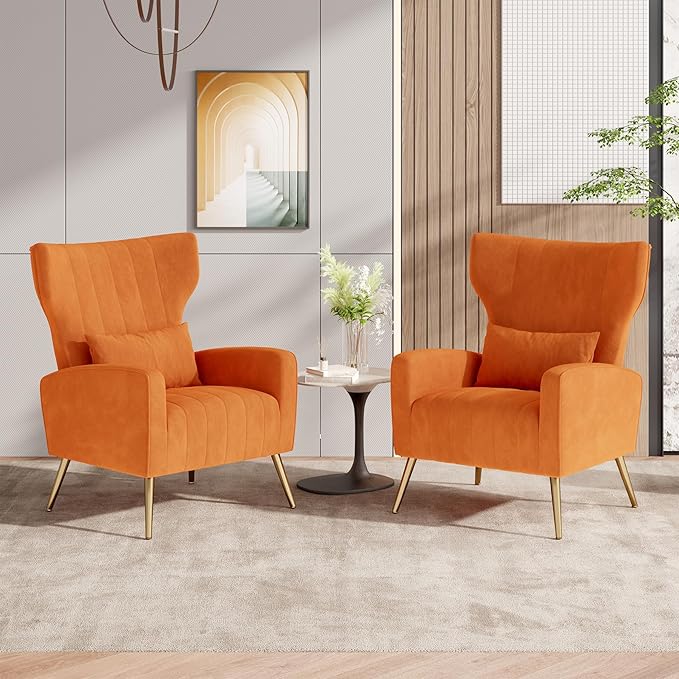 Nalupatio Modern Accent Chairs for Set of 2 Upholstered Velvet Fabric Reading Chair Mid Century Arm Chair Comfy Armchair for Living Room,Orange