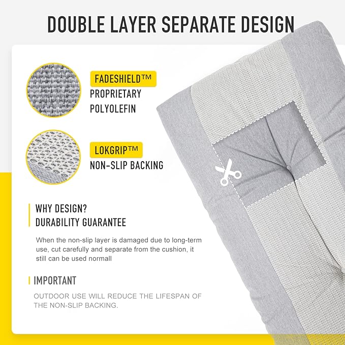 SUNROX LokGrip Non Slip Tufted Memory Foam Bench Cushion, FadeShield Water Resistant Durable Thicken Outdoor/Indoor Bench Seat Pads 27x12x4 inch, Heather Grey