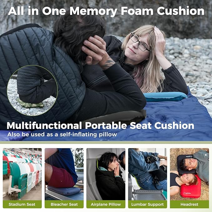 ATEPA Inflatable Seat Cushion, Self-Inflating Portable Stadium Airplane Travel Foam Cushion Pad for Camping, Sports Events, Outdoor