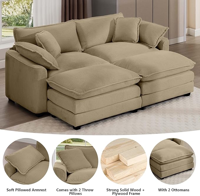Aoowow Oversized Loveseat Couch with Ottomans,Modern Corduroy 2 Seater Cloud Couches for Living Room,Modular Sectional Cloud Sofas Deep Seat,Double Lounger Sleeper Sofa