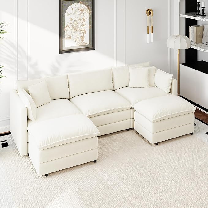 Aoowow Modular Sectional Sofa Modern Convertible U Shaped Couch,112.2 Inch Deep 3-Seater Sofas Set Comfy Chenille Cloud Sofas and Couches with Movable Ottoman for Living Room Apartment（Beige）