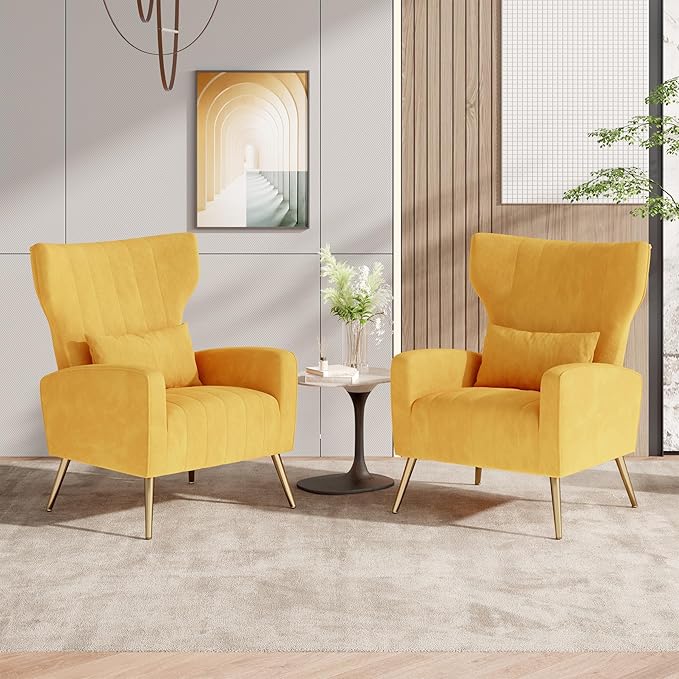 Nalupatio Modern Accent Chairs for Set of 2 Upholstered Velvet Fabric Reading Chair Mid Century Arm Chair Comfy Armchair for Living Room,Yellow