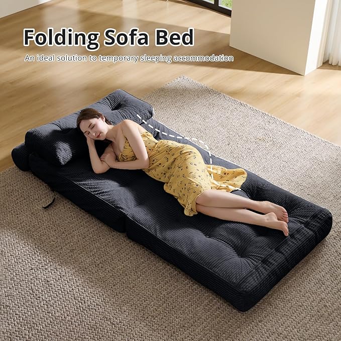 Convertible Sofa & Couch Bed - Oversized Adult Sleeper Chair & Bean Bag Chair, Foldable Floor Bed with Backrest, Comfortable Lazy Sofa for Bedroom, Living Room & Dorm (Black, Single)