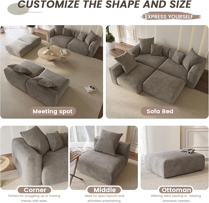Oversized Modular Sectional Sofa with Ottomans,6 Seater Corduroy V Shaped Reversible Corner Couch,141.73" Convertible Sofa & Couch Free Combination for Living Rooom,Brown