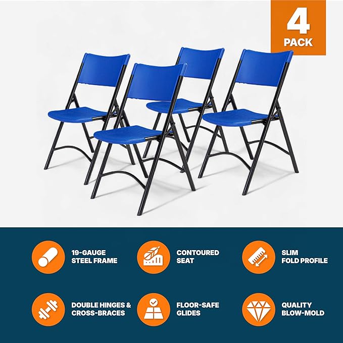OEF Furnishings OEF600 Series High Back Folding Chairs, Blow-Molded Polyethylene Commercial-Grade Seating for Indoor and Outdoor Use, 500 lb Weight Capacity, 4-Pack (Blue)