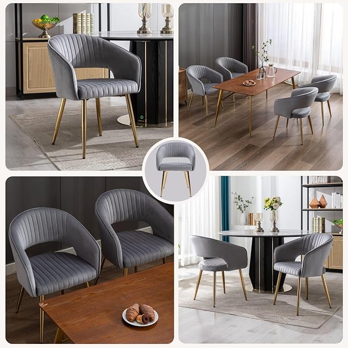 COMULER Grey Velvet Dining Chairs Gold Legs, Modern Dining Room Chairs with Arms Set of 4 Upholstered Accent Chair Armchair with Barrel Back for Kitchen Living Room