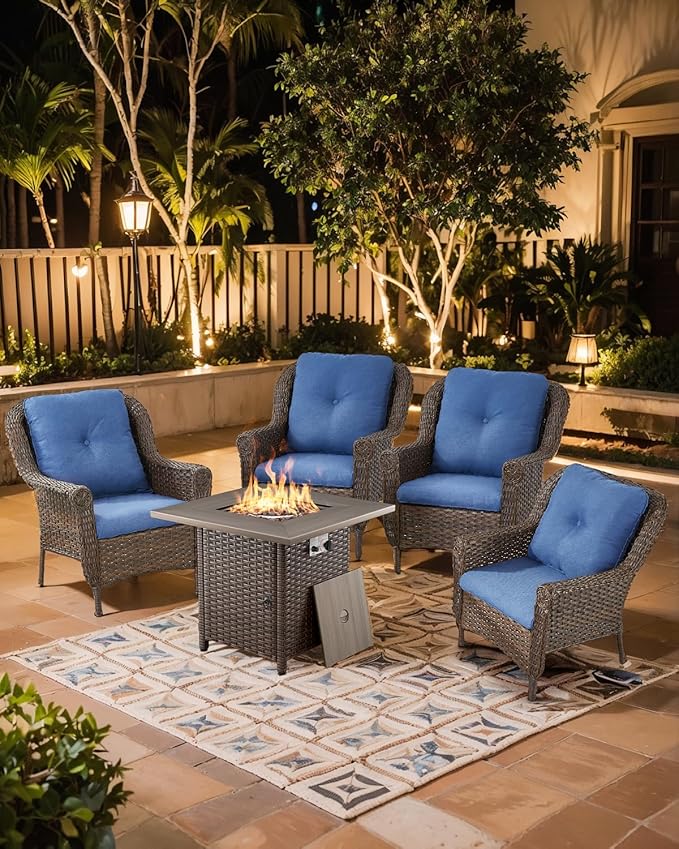 ACTREST Outdoor Patio Chairs with Fire Pit Table 5 Piece Set - High Back Brown Wicker Rattan Lawn Chair with Thick Cushion for Porch Apartment Deck Yard Poolside Garden - Navy Blue