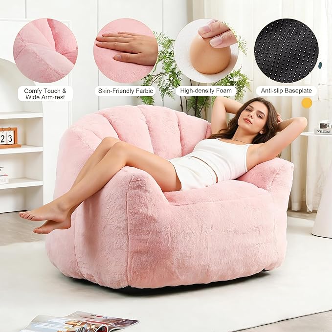 Bean Bag Chair, Bean Bag Couch for Adults and Kids, Comfy Shell-Shaped Chair with Filler Armrests Stuffed High-Density Foam Stuffed Sofa Lounge Floor Sofa for Bedroom,Gaming, Reading,Pink