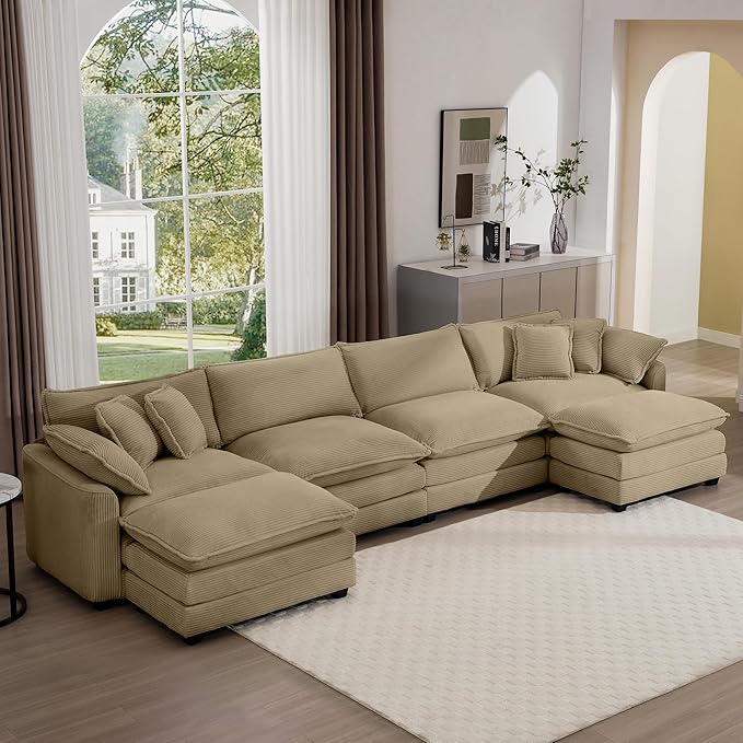 Aoowow Corduroy 4 Seater Couch with Ottomans,Modern Large Cloud Couches for Living Room,U Shaped Modular Sectional Cloud Sofas Deep Seat,U Shape Oversized Tufted Sofa Set (Tan, 4 Seater + 2 Ottoman)