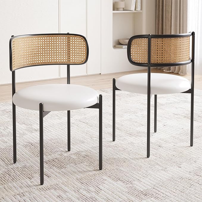 Farini Dining Chairs Set of 2, PU Leather Upholstered Seat with Woven Rattan Back, Sturdy Metal Legs Modern Side Chairs for Kitchen Living Room Restaurant, Beige