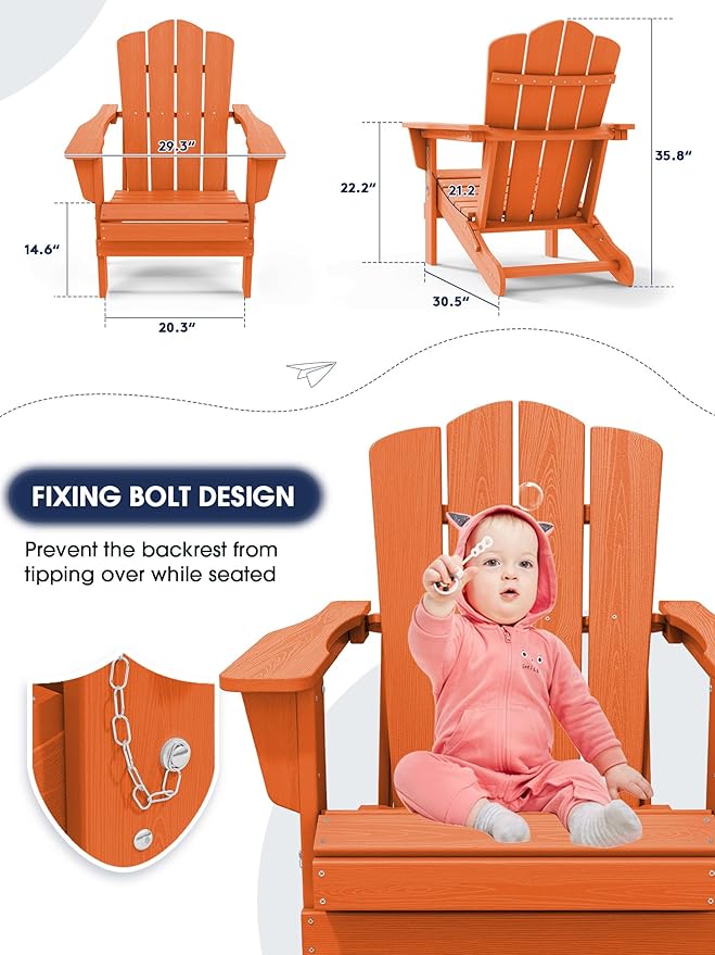 KINGYES Folding Adirondack Chair Set of 4, HDPE All-Weather Folding Adirondack Chair, Orange