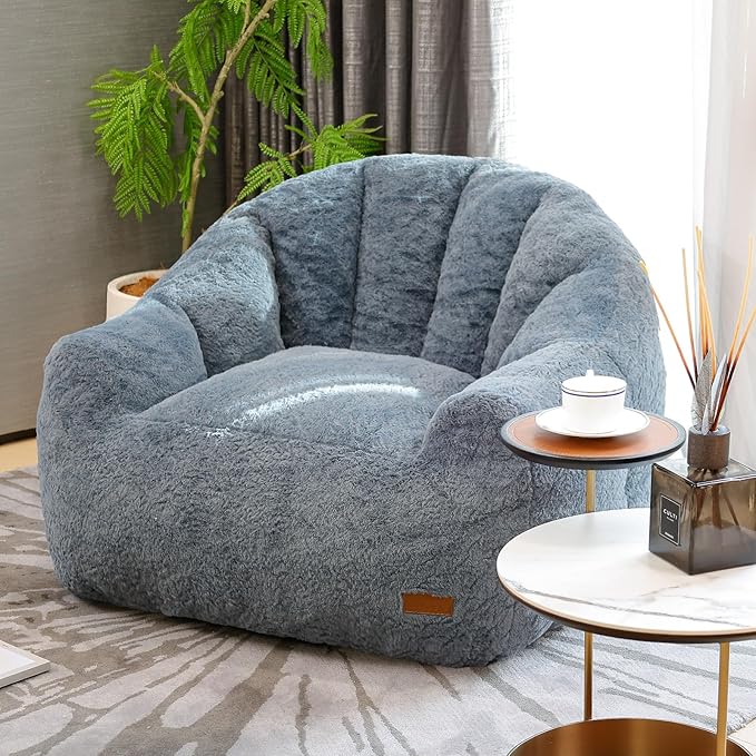 Big Bean Bag Chairs for Adults Giant Sofa with Faux Fur Shell-Shaped Beanbag Couch, Stuffed Large Bean Bag Floor Chair for Living Room, Beanbags Reading Chair for Bedroom Single Sofa(XL-Blue)