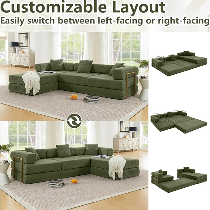 HANXIN 108" Modular Sectional Sofa, Futon Convertible Sofa Bed,Oversized Corduroy Boneless Couch for Living Room,Floor Loveseat Sleeper with Pull Out Bed,Free Combination,No Assembly Required (Green)