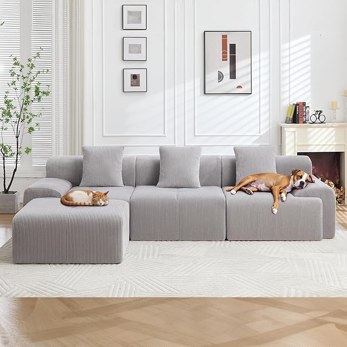 118" Boneless Couches for Living Room, Modular Cloud Sectional Couch with L-Shape Chaise, Modern Upholstered Sofa with Deep Seat, No Assembly Required, Plush Corduroy, Gray
