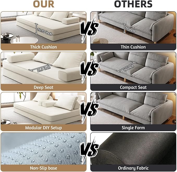 87" Foldable Floor Couch, 3-Seat Convertible Sleeper Sofa with Removable Backrests and 2 Soft Pillows, Chenille Fabric, for Living Room, Bedroom, Apartment, No Assembly Required, Beige